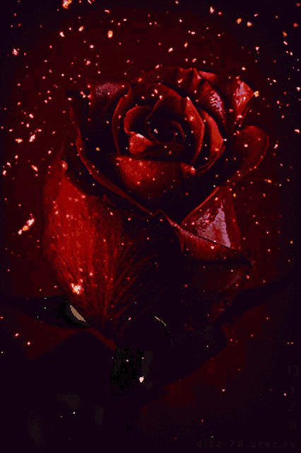 a close up of a red rose surrounded by sparkles on a red background