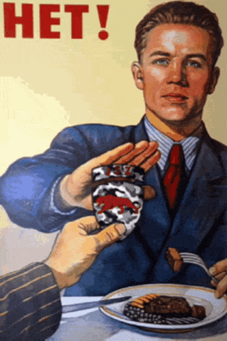 a man in a suit and tie is being offered a piece of meat by another man in a painting that says het