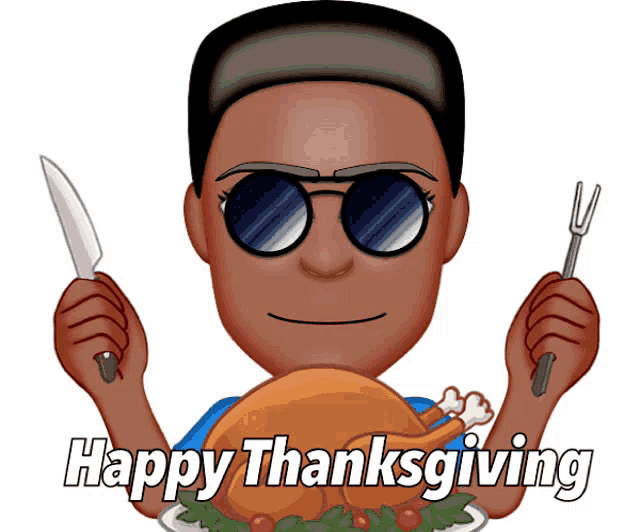 a cartoon of a man holding a knife and fork and a turkey with the words happy thanksgiving below him