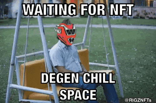 a man wearing a helmet is sitting on a swing and waiting for nft degen chill space