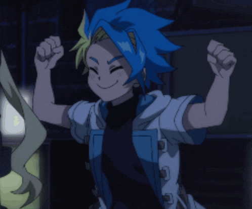 a cartoon character with blue hair and yellow eyebrows