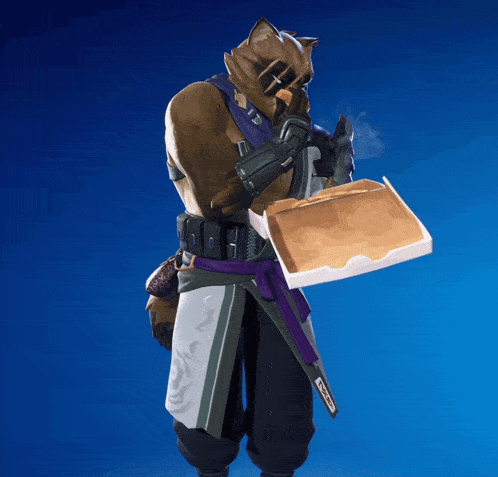 a raccoon is holding a box of food with a purple ribbon around his waist that says ' fortnite ' on it