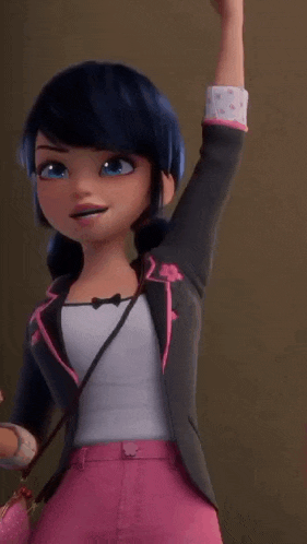 a cartoon girl is raising her fist in the air while wearing a black jacket and pink pants .