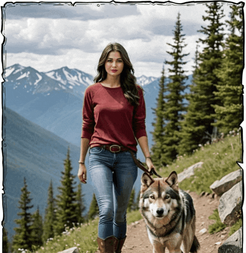 a woman in a red sweater walking a dog