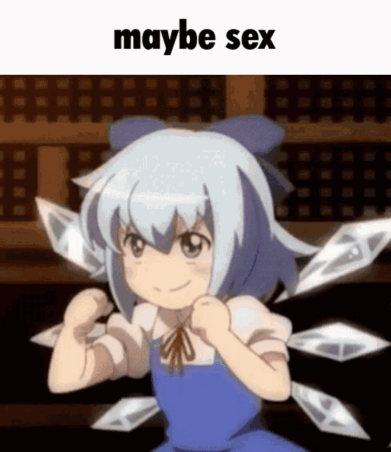 a girl in a blue dress is flexing her muscles with the words `` maybe sex '' written above her .