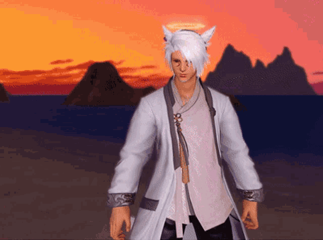 a man with white hair and a halo on his head is standing on a beach