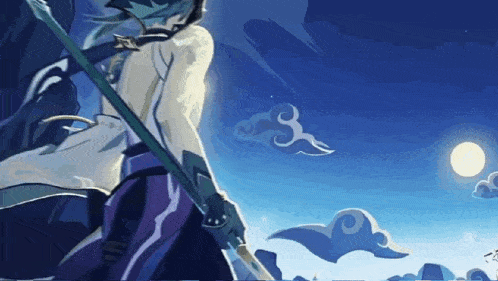a cartoon drawing of a man holding a spear in front of a full moon