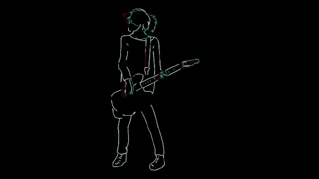 a neon drawing of a woman playing a guitar on a black background .