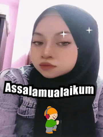 a girl wearing a hijab and a sticker that says ' assalamualaikum ' on it