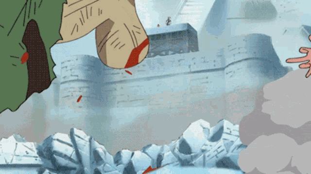 a cartoon drawing of a castle being destroyed with smoke coming out of it