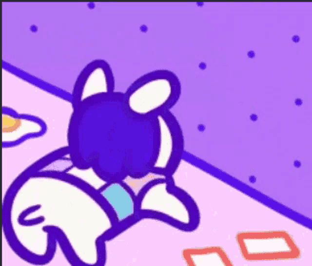 a cartoon of a dog laying on the floor with a purple background