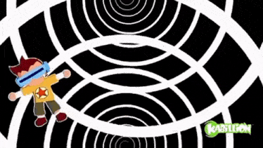 a cartoon character with a star on his shirt is flying through a black and white swirl .