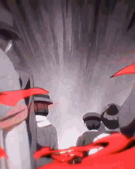 a group of men are standing in a room with a red umbrella
