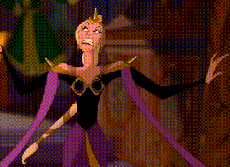 a cartoon character is wearing a purple and black dress and a crown on her head .