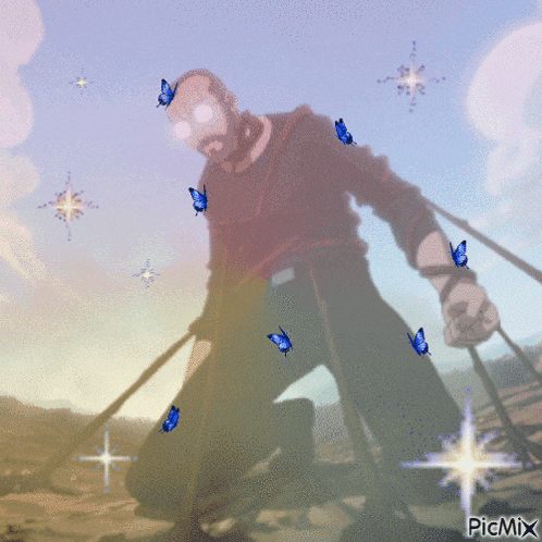 a painting of a man kneeling down with butterflies flying around him