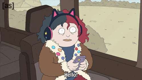 a cartoon of a woman wearing headphones and a fur coat says hello