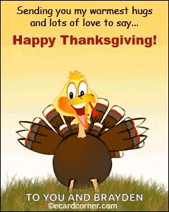 a happy thanksgiving card with a cartoon turkey and the words " sending you my warmest hugs and lots of love to say "
