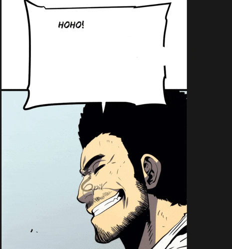 a man with a beard is smiling with a white speech bubble above his head that says hoho