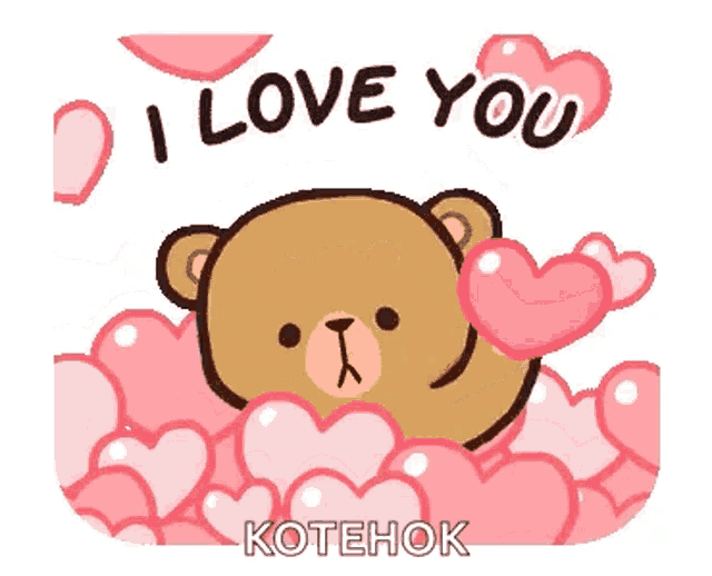 a teddy bear is surrounded by hearts and saying `` i love you '' .
