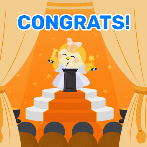 an illustration of a penguin holding a trophy and the words congrats
