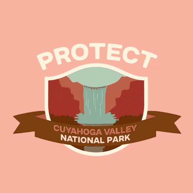 cuyahoga valley national park logo with a waterfall in the background