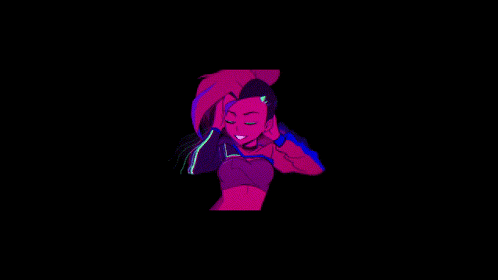 a pixel art of a girl with pink hair and headphones on a black background