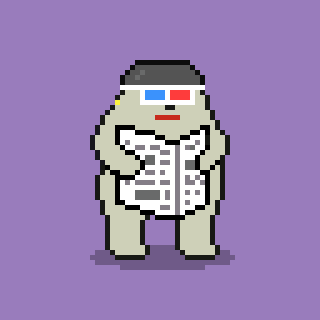 a pixel art drawing of a person wearing 3d glasses reading a newspaper
