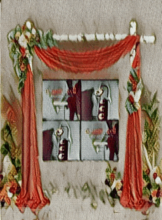 a painting of a window with a red curtain