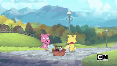 two cartoon characters standing on a sidewalk with the cn logo on the bottom right