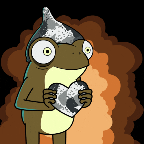 a cartoon frog with a hat on holding a heart