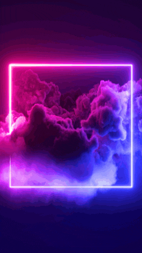 a neon frame is surrounded by clouds in a dark room