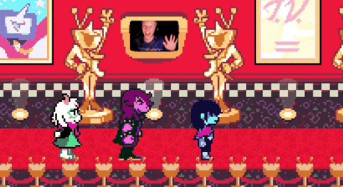 a pixel art of a man standing in a room with trophies