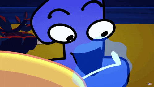 a cartoon drawing of a blue cartoon character with a yellow background and the letters b and g on the bottom right