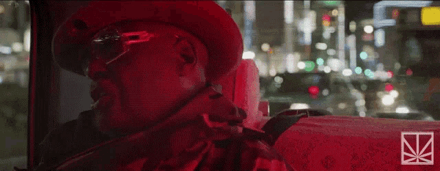 a man in a cowboy hat and sunglasses is sitting in a car at night .