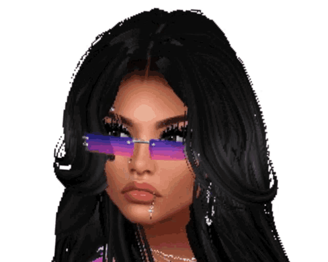 a woman with long black hair wearing sunglasses and a necklace
