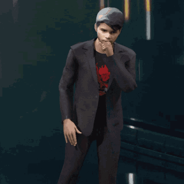a man in a suit and hat is standing in front of a sign that says you 're breathtaking