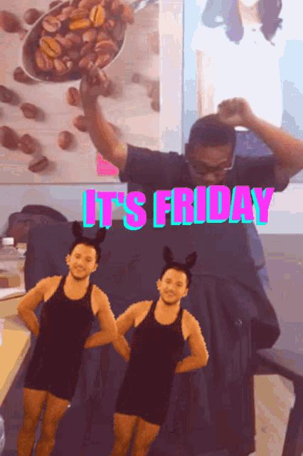 a man with bunny ears and the words it 's friday
