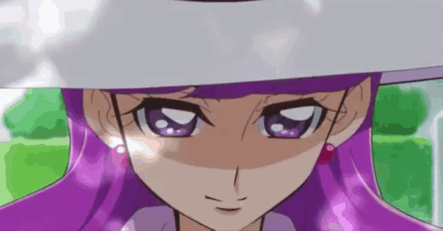 a close up of a cartoon character with purple hair and a white hat .
