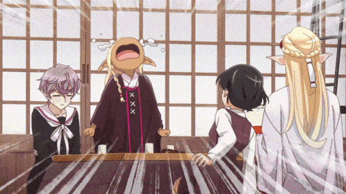 a group of anime characters are standing around a table and one of them is wearing a shirt that says xxx