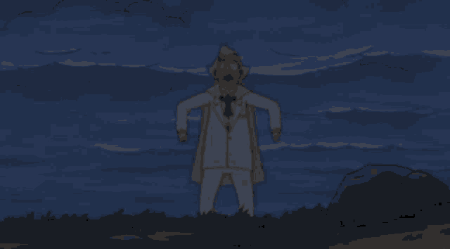 a cartoon of a man standing in front of a body of water
