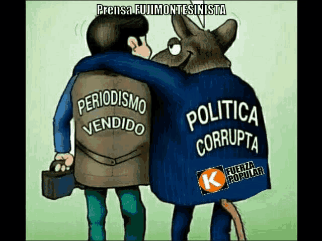 a cartoon of a man hugging a donkey with the words politica corrupta written on his back