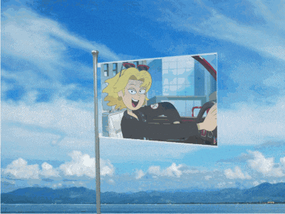 a cartoon drawing of a woman driving a car with the word hawaii on the bottom