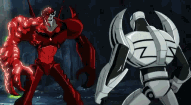 two cartoon characters are standing next to each other in the dark .