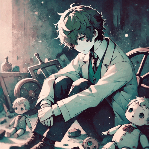 a boy is sitting in a room with dolls and a wagon wheel