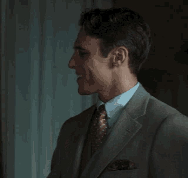 a man in a suit and tie is smiling and looking to the side