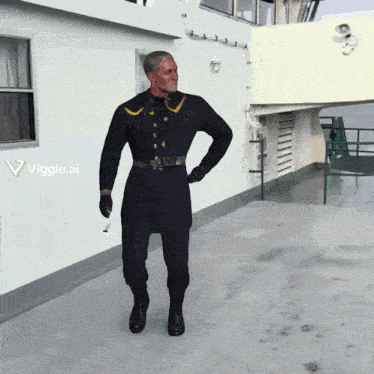 a man in a military uniform is walking in front of a building with the letters viggle.ai on the bottom