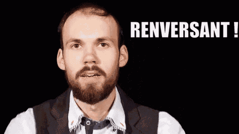 a man with a beard and bow tie is making a funny face and saying `` renverssant '' .