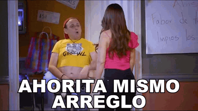 a man in a crop top stands next to a woman in a pink top with the words " ahorra mismo arreglo "