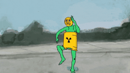 a cartoon of a man with a yellow box around his waist with a nuclear symbol on it
