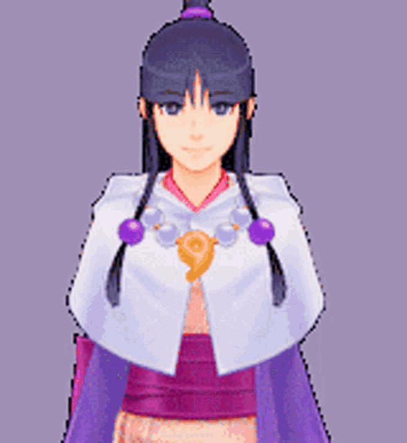 a pixel art of a girl in a purple and white outfit